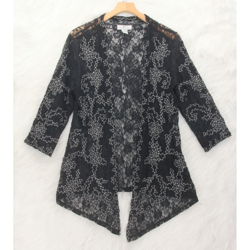 Once Again Open Front Top L Cardigan Embroidery Black Floral Whimsygoth Witchy - Picture 3 of 14